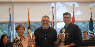 Northumberland County recently announced the winners of its 15th annual Keep the County Clean Challenge. The Town of Cobourg earned the trophy for highest proportional representation of volunteers, with five per cent of its population taking part in this year's challenge, and Cramahe Township took home the trophy for hardest-working volunteers, with each volunteer collecting an average of 15.8 kg of litter. Pictured during a Northumberland County council meeting on August 13, 2025 are Cramahe Township Mayor Mandy Martin, Northumberland County education and communications coordinator Dan Orr, and Town of Cobourg Mayor Lucas Cleveland. (Photo: Northumberland County)