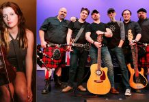 Celtic rockers Mudmen performs a free-admission concert at Peterborough Musicfest in Del Crary Park on August 6, 2025, with Peterborough fiddler Irish Millie opening. (kawarthaNOW collage)