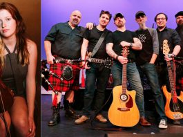 Celtic rockers Mudmen performs a free-admission concert at Peterborough Musicfest in Del Crary Park on August 6, 2025, with Peterborough fiddler Irish Millie opening. (kawarthaNOW collage)