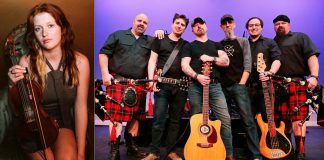 Celtic rockers Mudmen performs a free-admission concert at Peterborough Musicfest in Del Crary Park on August 6, 2025, with Peterborough fiddler Irish Millie opening. (kawarthaNOW collage)