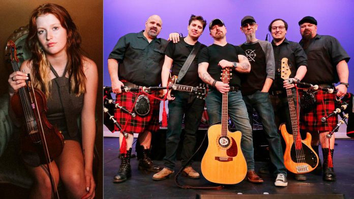 Celtic rockers Mudmen performs a free-admission concert at Peterborough Musicfest in Del Crary Park on August 6, 2025, with Peterborough fiddler Irish Millie opening. (kawarthaNOW collage)