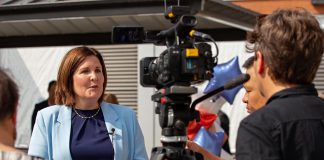 Lesley Heighway, president and CEO of the Peterborough Regional Health Centre (PRHC) Foundation, speaks to media during an event on August 6, 2025 to celebrate the opening of the donor-funded Psychiatric Intensive Care Unit (PICU) courtyard, a $1.5 million purpose-built outdoor healing space that will support the recovery and well-being of some of the regional hospital's most vulnerable mental health patients. During the event, Heighway also announced the PRHC Foundation has expanded its Campaign for PRHC by another $10 million to $70 million. (Photo: Jordan Lyall Photography for kawarthaNOW)
