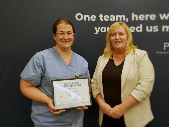 Carly Ryan, RPN, was awarded a Peterborough Regional Health Centre (PRHC) Foundation donor-funded Nursing Innovation Award by Angela Corneil (right) during the inaugural Nursing Symposium held by PRHC on May 14, 2025. Recognizing creativity and leadership in nursing, the award was presented to Ryan for conducting an evidence-based review that introduced a topical lidocaine rubbing cream for procedural pain control in pediatric patients. (Photo courtesy of PRHC Foundation)