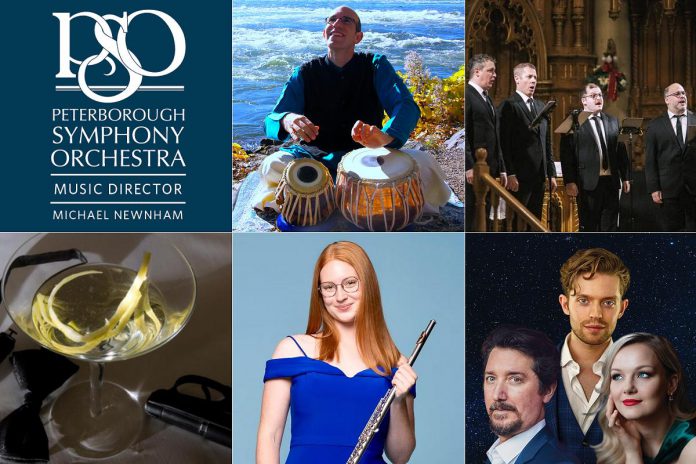 The Peterborough Symphony Orchestra's 2025-26 season conducted by music director Michael Newnham features "Bright Lights" on Novemeber 1 with tabla player Shawn Mativetsky, "Quartom Sings Noël" on December 6 with vocal quartet Quartom, "Stars of the Silver Screen" on February 7 and 8 featuring music from James Bond and more, "Inspired" with flutist Gillian Derer on April 12, and "The Creation" with The Peterborough Singers on May 9 and 10. (kawarthaNOW collage) The Peterborough Symphony Orchestra's 2025-26 season conducted by music director Michael Newnham features "Bright Lights" on Novemeber 1 with tabla player Shawn Mativetsky, "Quartom Sings Noël" on December 6 with vocal quartet Quartom, "Stars of the Silver Screen" on February 7 and 8 featuring music from James Bond and more, "Inspired" with flutist Gillian Derer on April 12, and "The Creation" with The Peterborough Singers on May 9 and 10. (kawarthaNOW collage)