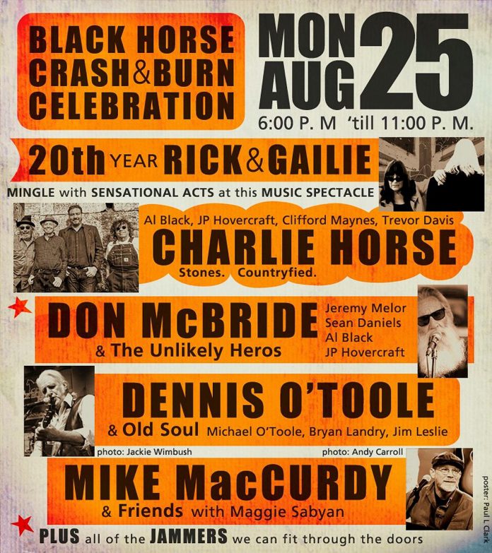 The 20-year celebration of Rick and Gailey Young's residency at "Crash and Burn" at the Black Horse Pub in downtown Peterborough runs from 6 to 11 p.m. on August 25, 2025. (Poster: Paul L. Clark)