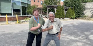 Former Ross Memorial Hospital (RMH) patient Ron Houlihan and rehab assistant Ruth Hopkins gear up for the Thankful Hearts Walk on October 2, 2025 in support of the Lindsay hospital's cardiac and pulmonary rehabilitation program. In his 80s, Houlihan has completed the program twice, once after he received three new stents in his heart and again after he had open heart surgery at Sunnybrook in Toronto to repair an aneurysm. (Photo: RMH Foundation)