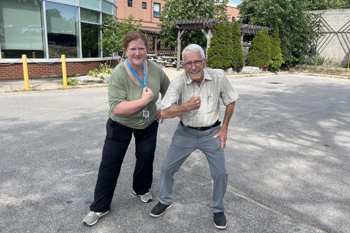 Former Ross Memorial Hospital (RMH) patient Ron Houlihan and rehab assistant Ruth Hopkins gear up for the Thankful Hearts Walk on October 2, 2025 in support of the Lindsay hospital's cardiac and pulmonary rehabilitation program. In his 80s, Houlihan has completed the program twice, once after he received three new stents in his heart and again after he had open heart surgery at Sunnybrook in Toronto to repair an aneurysm. (Photo: RMH Foundation)