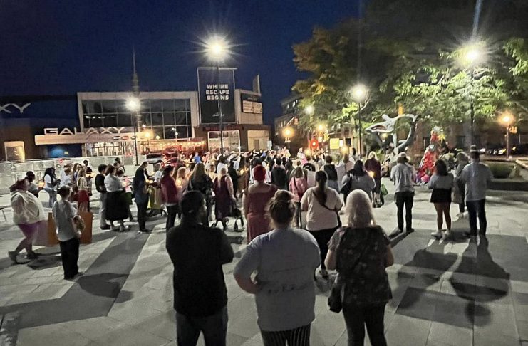 The 2024 "Take Back the Night" event in the Peterborough Square courtyard in downtown Peterborough. Organized by Kawartha Sexual Assault Centre, the 2025 event raising awareness about the prevalence of sexual violence and the supports available for survivors takes place on Thursday, September 18. (Photo: YWCA Peterborough Haliburton / Facebook)