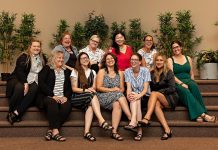 The 2025-26 Board of Directors of the Women's Business Network of Peterborough (from left to right, back and front): Membership Director Victoria McAuley, Program Director Ashley Bonner, Program Director Tina Thornton, Director at Large Victoria Shaoling Wang, Publicity Director Tiffany Daskewich, Social Director Tiffany Alton, Treasurer Cindy Koshowski, Past President Katelyn Kemp, President Adeilah Dahlke, Tech Director Jessica Erickson, and Secretary Akshana Katoch. (Photo: Jordan Lyall Photography)