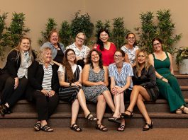 The 2025-26 Board of Directors of the Women's Business Network of Peterborough (from left to right, back and front): Membership Director Victoria McAuley, Program Director Ashley Bonner, Program Director Tina Thornton, Director at Large Victoria Shaoling Wang, Publicity Director Tiffany Daskewich, Social Director Tiffany Alton, Treasurer Cindy Koshowski, Past President Katelyn Kemp, President Adeilah Dahlke, Tech Director Jessica Erickson, and Secretary Akshana Katoch. (Photo: Jordan Lyall Photography)
