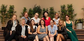 The 2025-26 Board of Directors of the Women's Business Network of Peterborough (from left to right, back and front): Membership Director Victoria McAuley, Program Director Ashley Bonner, Program Director Tina Thornton, Director at Large Victoria Shaoling Wang, Publicity Director Tiffany Daskewich, Social Director Tiffany Alton, Treasurer Cindy Koshowski, Past President Katelyn Kemp, President Adeilah Dahlke, Tech Director Jessica Erickson, and Secretary Akshana Katoch. (Photo: Jordan Lyall Photography)