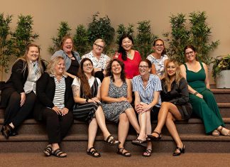The 2025-26 Board of Directors of the Women's Business Network of Peterborough (from left to right, back and front): Membership Director Victoria McAuley, Program Director Ashley Bonner, Program Director Tina Thornton, Director at Large Victoria Shaoling Wang, Publicity Director Tiffany Daskewich, Social Director Tiffany Alton, Treasurer Cindy Koshowski, Past President Katelyn Kemp, President Adeilah Dahlke, Tech Director Jessica Erickson, and Secretary Akshana Katoch. (Photo: Jordan Lyall Photography)