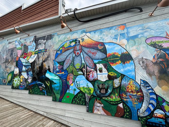 This summer, more than 70 Bancroft and area professional and amateur artists helped revitalize an iconic mural on the west side of the 23 Bridge Street building as part of the "Embrace" community-driven project held by A Place for the Arts. The revitalized mural, which was originally painted by celebrated local artist Arne Roosman in 2014, was unveiled at a celebratory community event on September 13, 2025. (Photo: Megan Gallant / kawarthaNOW)