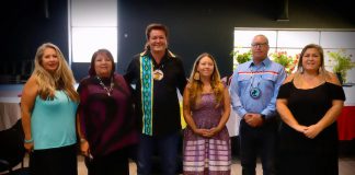 Alderville First Nation is governed by a chief and five councillors who are elected every three years by ballot vote. The 2025-2028 chief and council are Chief Taynar Simpson (third from left) and Councillors (left to right) Lisa McDonald, Joanne Smoke, Kassie McKeown, Jason Marsden, and Amber Crowe. (Photo: Alderville First Nation)