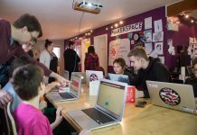 Newly merged non-profit digital literary organizations Ampere (previously Pinnguaq Association) and Canada Learning Code have a long history of working together, including at the original Pinnguaq Makerspace in Iqaluit, Nunavut, where they worked together on "Code Week 2018." Ampere founder and CEO Ryan Oliver, who is now also CEO of Canada Learning Code, is pictured at the far left. (Photo: Ampere)