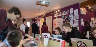Newly merged non-profit digital literary organizations Ampere (previously Pinnguaq Association) and Canada Learning Code have a long history of working together, including at the original Pinnguaq Makerspace in Iqaluit, Nunavut, where they worked together on "Code Week 2018." Ampere founder and CEO Ryan Oliver, who is now also CEO of Canada Learning Code, is pictured at the far left. (Photo: Ampere)