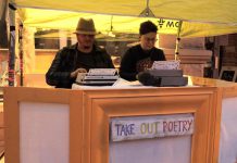 Poets Jon Hedderwick and Ziysah von Bieberstein creating spontaneous works at the Take-Out Poetry Cart during Artsweek 2023. For Artsweek 2025, running from September 28 to October 5, von Bieberstein will again be one of the featured poets for the Take-Out Poetry Cart at various locations, while both Hedderwick and von Bieberstein are two of the artists who will perform during The Soul Buffet, a new Artsweek event on October 5 at 2 p.m. in the Peterborough Square courtyard that celebrates Black culture, food, and the oral traditions of spoken word within the Black community featuring BIPOC artists and artists who are allies. (kawarthaNOW screenshot of Michael Morritt video)