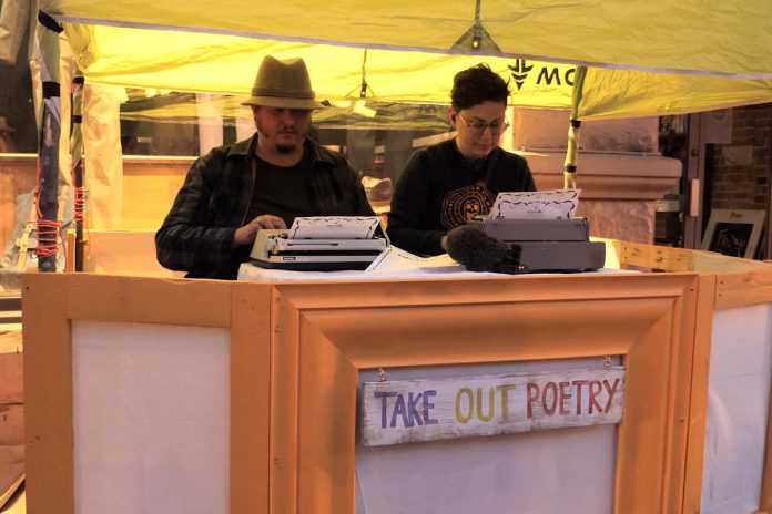 Poets Jon Hedderwick and Ziysah von Bieberstein creating spontaneous works at the Take-Out Poetry Cart during Artsweek 2023. For Artsweek 2025, running from September 28 to October 5, von Bieberstein will again be one of the featured poets for the Take-Out Poetry Cart at various locations, while both Hedderwick and von Bieberstein are two of the artists who will perform during The Soul Buffet, a new Artsweek event on October 5 at 2 p.m. in the Peterborough Square courtyard that celebrates Black culture, food, and the oral traditions of spoken word within the Black community featuring BIPOC artists and artists who are allies. (kawarthaNOW screenshot of Michael Morritt video)