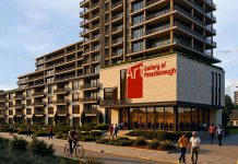 A rendering of Ashburnham Realty's proposed 17-storey apartment building to be located on Crescent Street in Peterborough, from EcoVue Consulting's notice of an open house about the proposed development to be held on September 23, 2025. The rendering includes what the notice describes as "the potential new location of the Art Gallery of Peterborough." (Graphic via EcoVue Consulting)