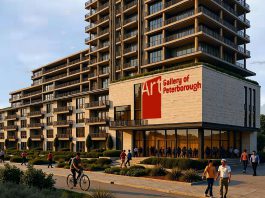 A rendering of Ashburnham Realty's proposed 17-storey apartment building to be located on Crescent Street in Peterborough, from EcoVue Consulting's notice of an open house about the proposed development to be held on September 23, 2025. The rendering includes what the notice describes as "the potential new location of the Art Gallery of Peterborough." (Graphic via EcoVue Consulting)