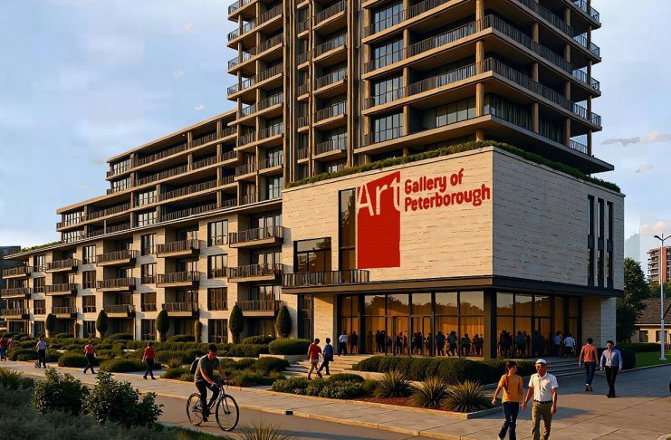 A rendering of Ashburnham Realty's proposed 17-storey apartment building to be located on Crescent Street in Peterborough, from EcoVue Consulting's notice of an open house about the proposed development to be held on September 23, 2025. The rendering includes what the notice describes as "the potential new location of the Art Gallery of Peterborough." (Graphic via EcoVue Consulting)