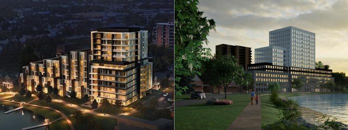 Renderings of the original 2018 plan for a 12-storey luxury condo and rental apartment development on Crescent Street in Peterborough and the 2025 plan for a 15-storey apartment building at the location. (Graphics via Ashburnham Realty and Unity Design Studio)