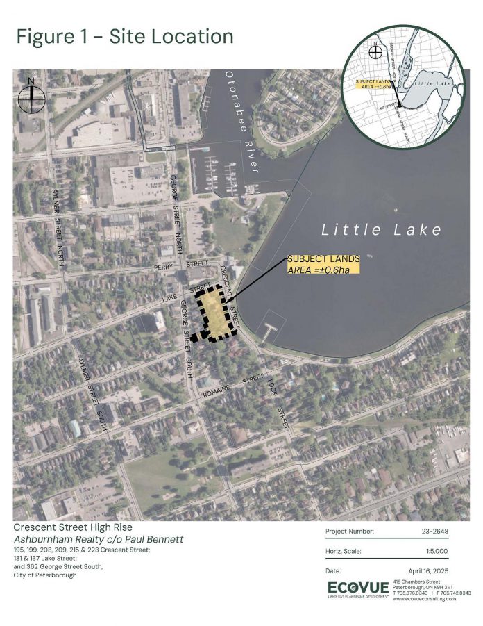 The location of the proposed Crescent Street high-rise apartment building. (Graphic via EcoVue Consulting)