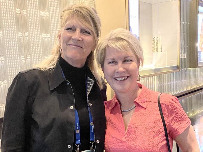 Betty Halman-Plumley (left), one of five female presidents in the history of the Rotary Club of Peterborough, with Rotary International present Jennifer E. Jones at the Rotary International Conference in Melbourne, Australia. A member of the Rotary Club of Windsor-Roseland, in 2022-2023 Jones became the first woman president to be elected for Rotary International since its founding in 1905. (Photo courtesy of Betty Halman-Plumley)