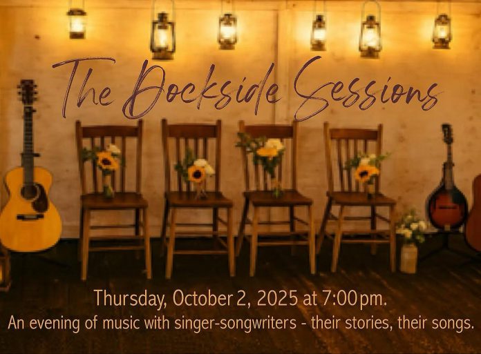 The Dockside Sessions, presented by the Bobcaygeon Music Council at The Yacht Club at Gordon Yacht Harbour Marina on October 2, 2025 and featuring singer-songwriters Pat Temple, Emily Jean Flack, Melissa Payne, and Brennen Wilson, sold out within days of tickets going on sale on August 29. (Graphic courtesy of Bobcaygeon Music Council)