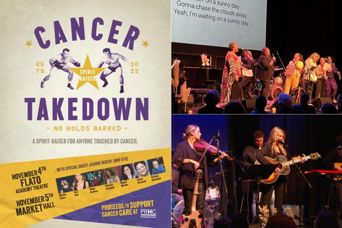 Bigger and better this year, the fourth annual Cancer Takedown spirit-raising fundraiser is returning with a second show of song, stories, and solidarity to shine a light on the mental burden of cancer. The fundraiser for cancer care at Peterborough Regional Health Centre will be held at Lindsay's Flato Academy Theatre on November 4, 2025 and returning to Market Hall Performing Arts Centre in Peterborough on November 5, 2025. (Graphic and photos courtesy of Amy Kemp)