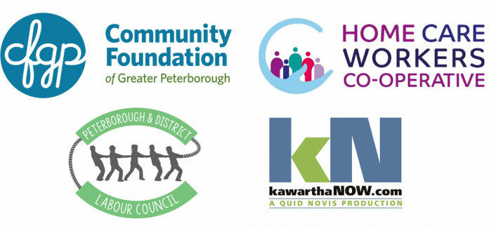 Logos of the Community Foundation of Greater Peterborough, the Home Care Workers' Co-operative, the Peterborough and District Labour Council, and kawarthaNOW