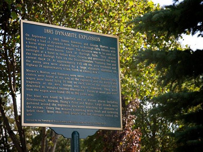 On November 22, 2006, the Township of Douro-Dummer and the Ontario Heritage Trust erected a plaque at the Douro community centre describing the 1885 Douro dynamite explosion. (Photo: Peterborough & The Kawarthas Tourism)