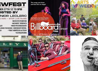 encoreNOW for September 22, 2025 features (from left to right, top and bottom) Brewfest at 100 Acre Brewing Company, "Billboard In Concert: 1986" at Port Hope's Capitol Theatre, Artsweek in Peterborough, Foley's Irish Pub at Showplace's Cogeco Studio in Peterborough, The Dreamboats at Performing Arts Lakefield, and Bryan Adams "Roll with the Punches" tour at the Peterborough Memorial Centre. (kawarthaNOW collage)
