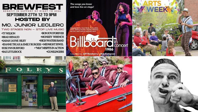 encoreNOW for September 22, 2025 features (from left to right, top and bottom) Brewfest at 100 Acre Brewing Company, "Billboard In Concert: 1986" at Port Hope's Capitol Theatre, Artsweek in Peterborough, Foley's Irish Pub at Showplace's Cogeco Studio in Peterborough, The Dreamboats at Performing Arts Lakefield, and Bryan Adams "Roll with the Punches" tour at the Peterborough Memorial Centre. (kawarthaNOW collage)