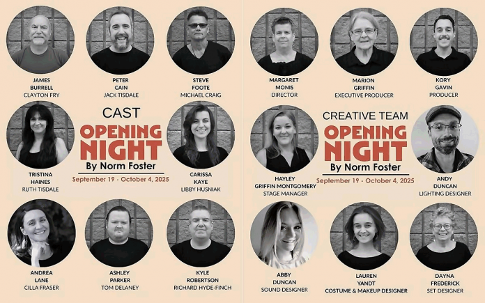 The cast and creative team of the Peterborough Theatre Guild's season-opening production of Norm Foster's comedy "Opening Night" running from September 19 to October 4, 2025. (Graphics: Peterborough Theatre Guild)