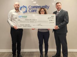 Applications are open until September 30, 2025 for the second annual Senior Care Micro Grants program offered through the Greater Peterborough Health Services Foundation (GPHSF). Pictured is GPHSF executive director Vince Bierworth (left) on November 14, 2024 presenting a $5,000 cheque to Community Care Peterborough CEO Danielle Belair and donors and public relations director Chris LeBlanc. Community Care Peterborough applied for the grant to help address food insecurity within the community’s population of seniors through its Meals on Wheels program, along with grocery shopping and delivery support. (Photo courtesy of GPHSF)