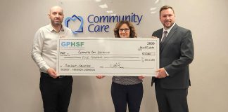 Applications are open until September 30, 2025 for the second annual Senior Care Micro Grants program offered through the Greater Peterborough Health Services Foundation (GPHSF). Pictured is GPHSF executive director Vince Bierworth (left) on November 14, 2024 presenting a $5,000 cheque to Community Care Peterborough CEO Danielle Belair and donors and public relations director Chris LeBlanc. Community Care Peterborough applied for the grant to help address food insecurity within the community’s population of seniors through its Meals on Wheels program, along with grocery shopping and delivery support. (Photo courtesy of GPHSF)