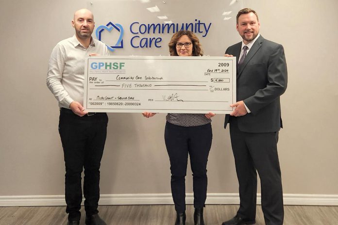 Applications are open until September 30, 2025 for the second annual Senior Care Micro Grants program offered through the Greater Peterborough Health Services Foundation (GPHSF). Pictured is GPHSF executive director Vince Bierworth (left) on November 14, 2024 presenting a $5,000 cheque to Community Care Peterborough CEO Danielle Belair and donors and public relations director Chris LeBlanc. Community Care Peterborough applied for the grant to help address food insecurity within the community’s population of seniors through its Meals on Wheels program, along with grocery shopping and delivery support. (Photo courtesy of GPHSF) Applications are open until September 30, 2025 for the second annual Senior Care Micro Grants program offered through the Greater Peterborough Health Services Foundation (GPHSF). Pictured is GPHSF executive director Vince Bierworth (left) on November 14, 2024 presenting a $5,000 cheque to Community Care Peterborough CEO Danielle Belair and donors and public relations director Chris LeBlanc. Community Care Peterborough applied for the grant to help address food insecurity within the community’s population of seniors through its Meals on Wheels program, along with grocery shopping and delivery support. (Photo courtesy of GPHSF)