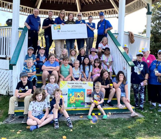 Members of the Kiwanis Club of Scott's Plains, the Rotary Club of Peterborough, and young entrepreneuers who participated in the first-ever Kiwanis Lemonade Stand Day on August 23, 2025 celebrated a donation of $30,000 to the Rotary Accessible Playground Project at Riverview Park and Zoo on Sunday, September 21. The "Lemonaders" raised $7,000 for the project, with the Kiwanis Club adding another $8,000 and the Rotary Club matching both donations for a total of $30,000. (Photo: Rotary Club of Peterborough)
