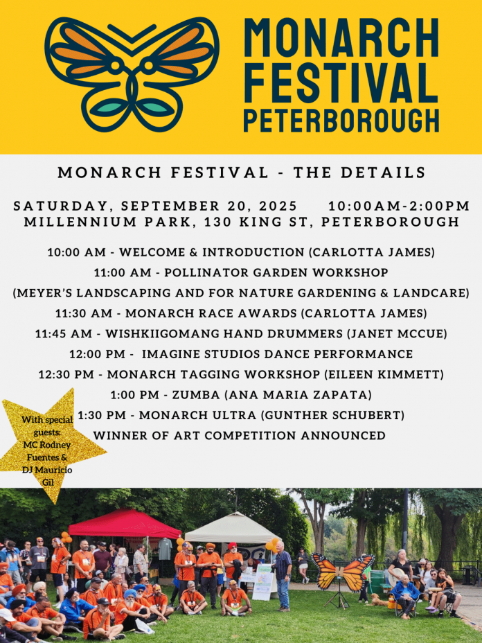 The agenda for the third annual Monarch Festival in Peterborough's Millennium Park on September 20, 2025. (Graphic: Monarch Ultra)