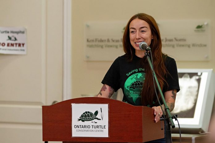 "Raise a Little Shell" at the Ontario Turtle Conservation Centre (OTCC) on September 4, 2025 was emceed by OTCC volunteer Caolaidhe (pronounced Cailey) Keelor, who helped organize the event over the summer with the aim of raising awareness of the plight of Ontario's eight native turtle species and the work of the OTCC. (Photo: Jordan Lyall Photography for kawarthaNOW)