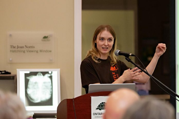 Ontario Turtle Conservation Centre (OTCC) education coordinator Lisa Browning shares information about the work of OTCC and the importance of conserving Ontario's eight native turtle species during "Raise a Little Shell" at the Ontario Turtle Conservation Centre (OTCC) on September 4, 2025. (Photo: Jordan Lyall Photography for kawarthaNOW)