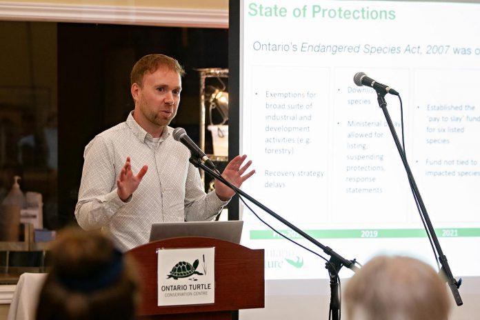 Tony Morris, conservation policy and campaigns director with Ontario Nature, speaks about the state of species at risk protections in Ontario during "Raise a Little Shell" at the Ontario Turtle Conservation Centre (OTCC) on September 4, 2025. (Photo: Jordan Lyall Photography for kawarthaNOW)