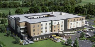 A rendering of a new 224-bed long-term care home to be constructed and operated by peopleCare Communities on the northwest corner of Water Street and Woodland Avenue on Trent University's Symons Campus. Trent University and peopleCare have entered into a teaching and research agreement that will provide experiential learning for more than 90 nursing, social work, and kinesiology students each year. (Photo: Trent University)