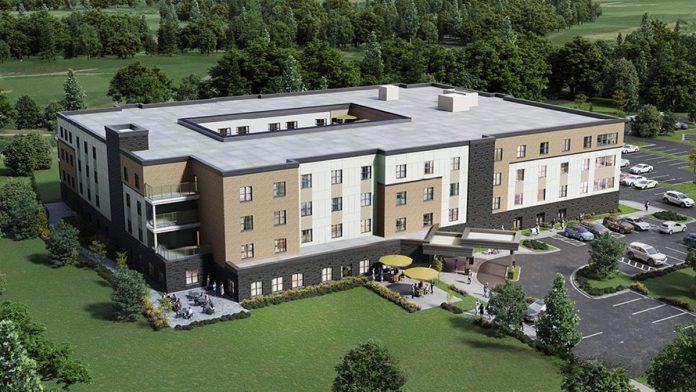 A rendering of a new 224-bed long-term care home to be constructed and operated by peopleCare Communities on the northwest corner of Water Street and Woodland Avenue on Trent University's Symons Campus. Trent University and peopleCare have entered into a teaching and research agreement that will provide experiential learning for more than 90 nursing, social work, and kinesiology students each year. (Photo: Trent University)