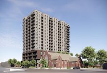 A rendering of TVM Group's 17-storey residential-commercial building to be constructed at 90 Hunter Street East beside Mark Street United Church in Peterborough's East City. On September 3, 2025, Peterborough city council voted 7-4 to approve a zoning by-law amendment to allow construction to proceed on the building, which will be the tallest in Peterborough. (Graphic: RAW Design Inc.)
