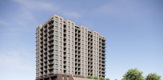A rendering of TVM Group's 17-storey residential-commercial building to be constructed at 90 Hunter Street East beside Mark Street United Church in Peterborough's East City. On September 3, 2025, Peterborough city council voted 7-4 to approve a zoning by-law amendment to allow construction to proceed on the building, which will be the tallest in Peterborough. (Graphic: RAW Design Inc.)