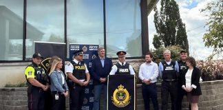 Peterborough-Kawartha MPP Dave Smith, Peterborough police chief Stuart Betts, Peterborough County OPP inspector and detachment commander Chris Galleazza, and representatives from Peterborough Regional Health Centre (PRHC) and the Canadian Mental Health Association Haliburton, Kawartha, Pine Ridge (CMHA HKPR) gathered at the Peterborough police station on September 26, 2025 for an announcement of $426,860.34 in funding over the next two years under the province's Mobile Crisis Response Team (MCRT) Enhancement Grant. (Photo: Peterborough Police Service)