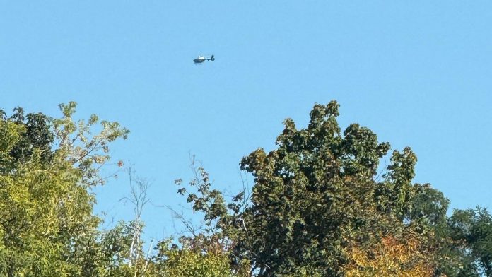 An OPP helicopter joined a large-scale Peterborough police search that began September 15, 2025 for a 34-year-old man wanted in connection with non-violent crimes. (Photo: Peterborough Police Service)