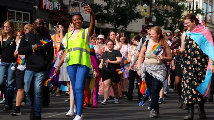 Some of the participants in the annual Peterborough-Nogojiwanong Pride parade on September 28, 2024 in downtown Peterborough. Pride Week 2025 runs from Friday, September 19 to Sunday, September 28, with the Pride parade on Saturday, September 27. (Photo: Sean Bruce)